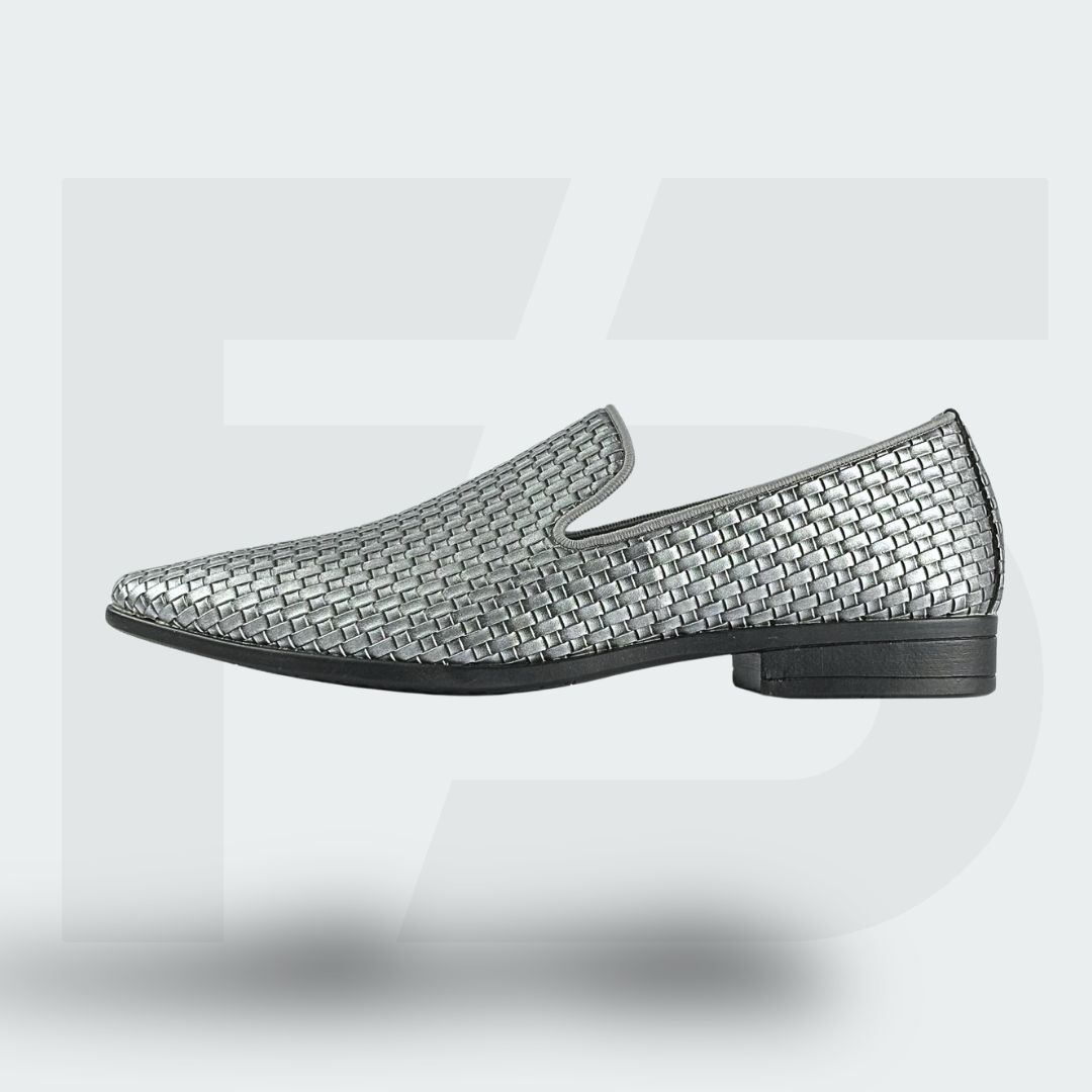 Moccasin Lace Up Coffee Handcrafted Weaved Leather Dress Loafer (Silver) - Image 1